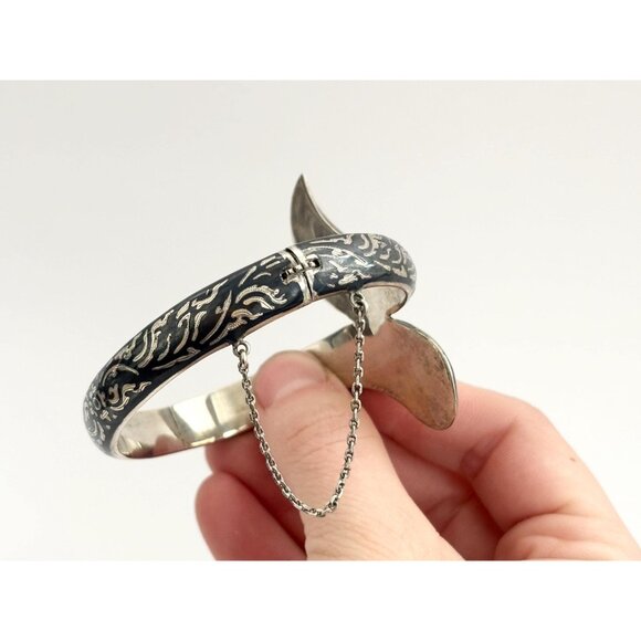 Siam Sterling Silver Bypass Style Hinged Nielloware Thai Made Vintage Bracelet - Picture 4 of 16